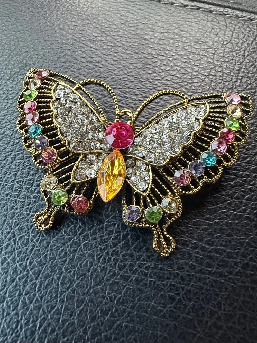 Gold Butterfly Brooch with Pink, Yellow & Multicolor Crystals